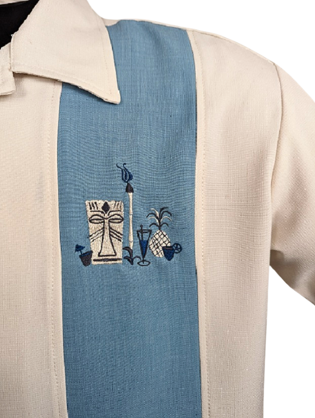 The Mickey Bowling Shirt in Cream with Aqua