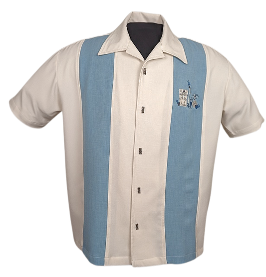 The Mickey Bowling Shirt in Cream with Aqua