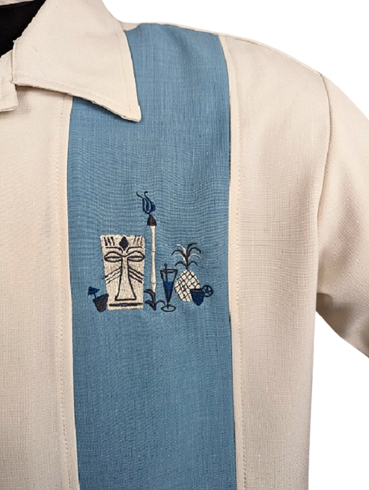 The Mickey Bowling Shirt in Cream with Aqua