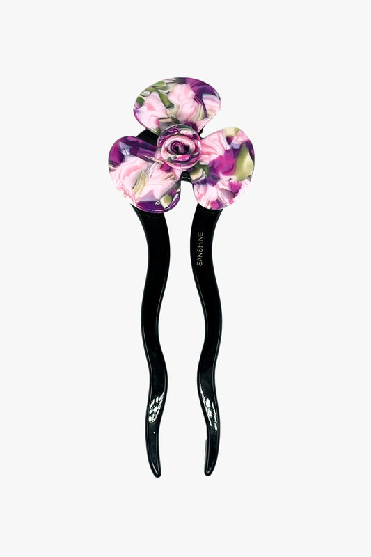 Spring Flower Chignon Hair Pin- Green & Purple