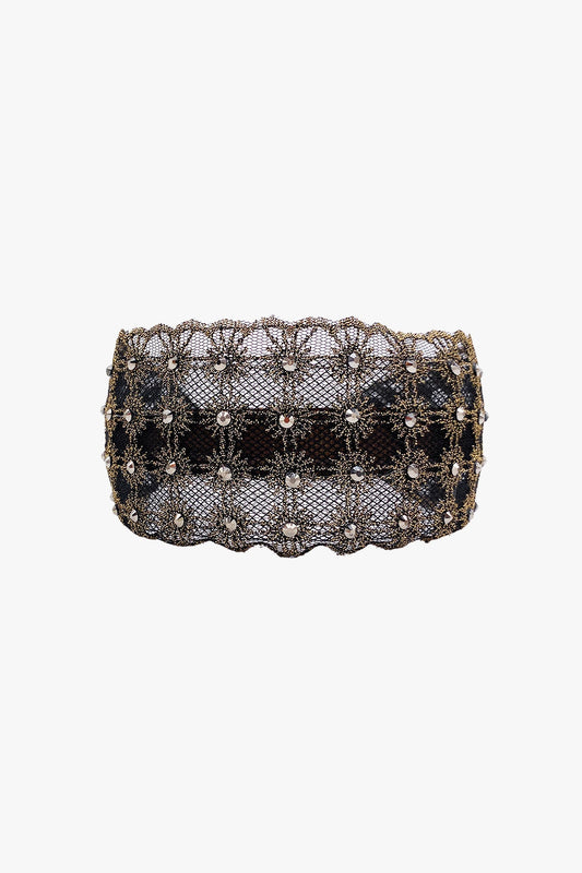 Lacey Embroidered Crystal Headband Gold