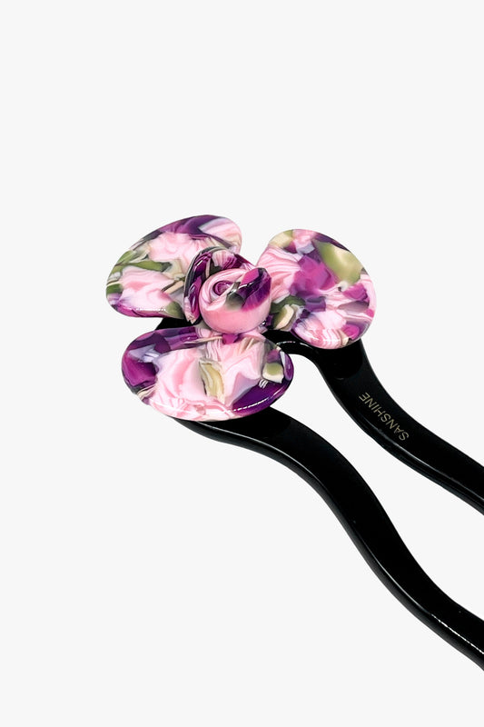 Spring Flower Chignon Hair Pin- Green & Purple